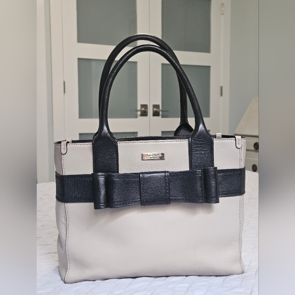 Kate Spade Classic Two-Tone Leather Bow Tote Bag Black & Tan